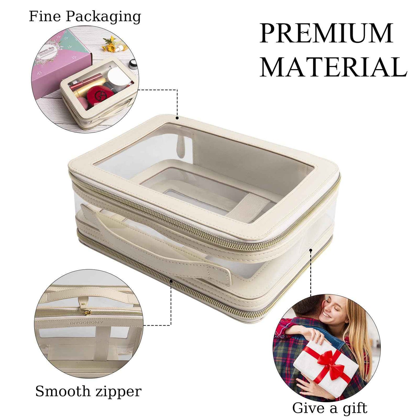 DIYOOHOMY Clear Makeup Bag Double Layer Two Sided With Zipper White Cosmetic Small Make Up Case Compartments Brush Travel Leather Toiletry Women Organizer Transparent Waterproof Pouch