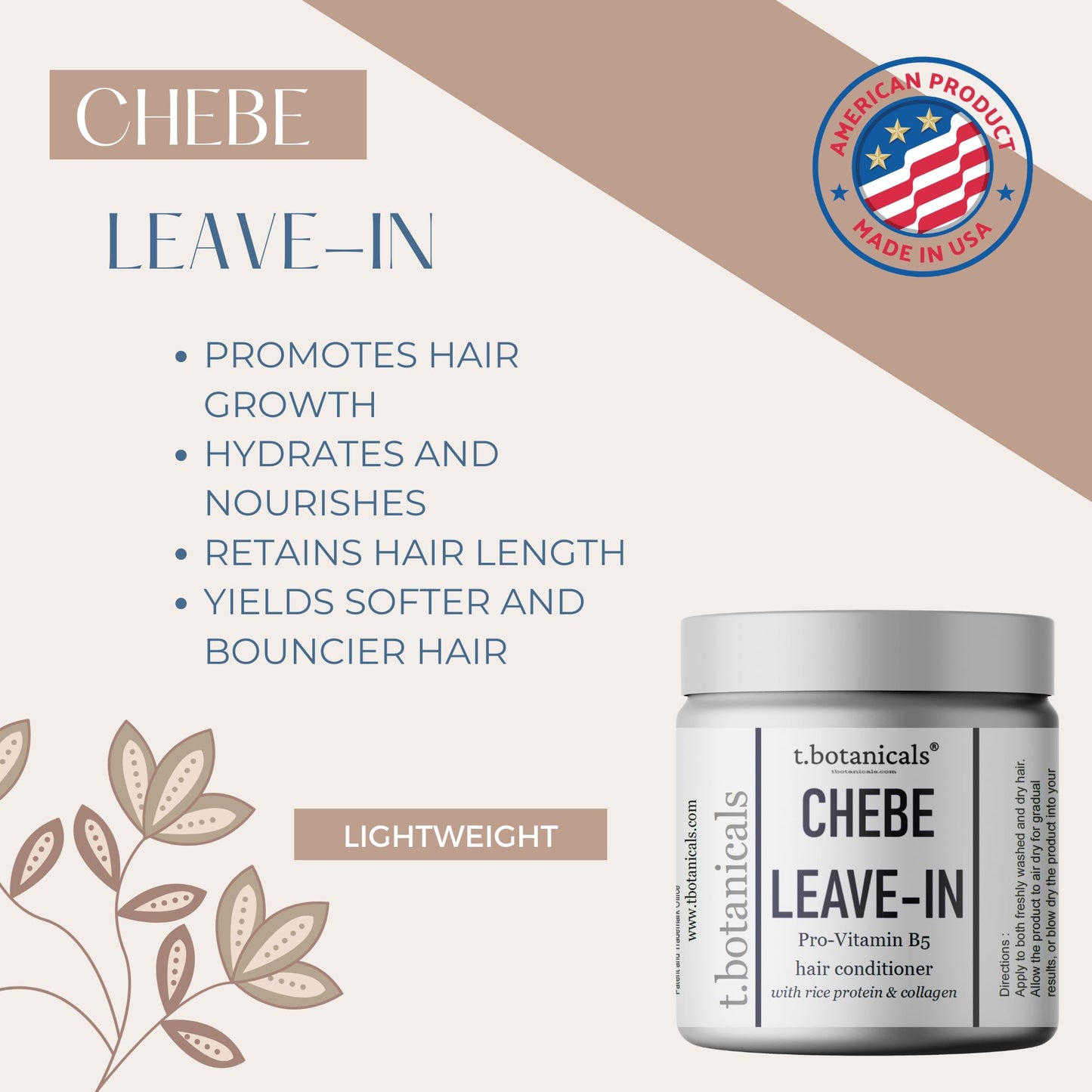 t.botanicals Chebe Leave In Conditioner Hair Growth with Provitamin B5, Thickening Strengthening Chebe Butter, Chebe Powder, Chebe Oil, Silk Amino Acids, Collagen (Lavender, 4 Ounce)