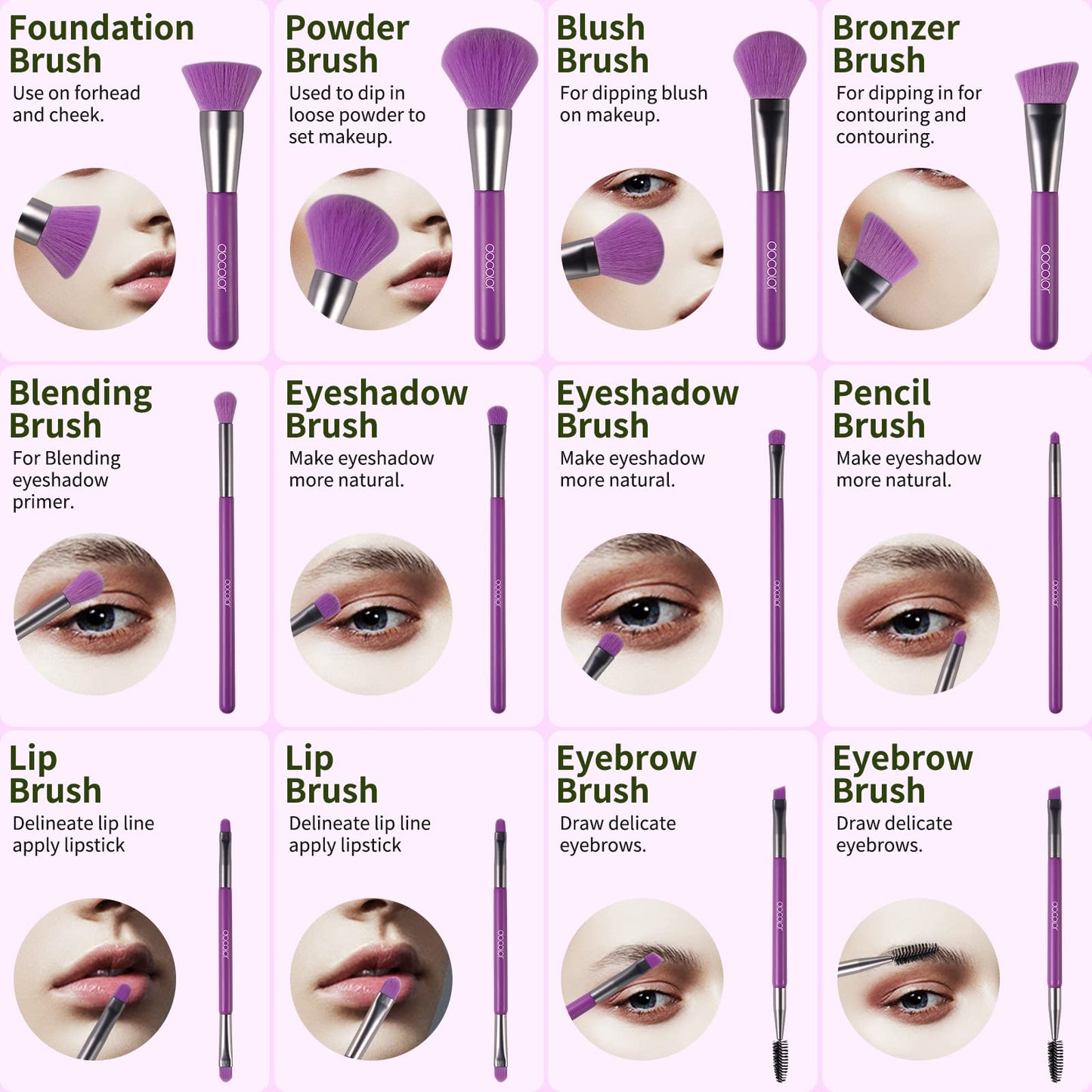 Docolor Makeup Brushes 10Pcs Makeup Brush Set Premium Synthetic Powder Kabuki Foundation Contour Blush Concealer Eye Shadow Blending Liner Make Up Brush Kit - Neon Purple