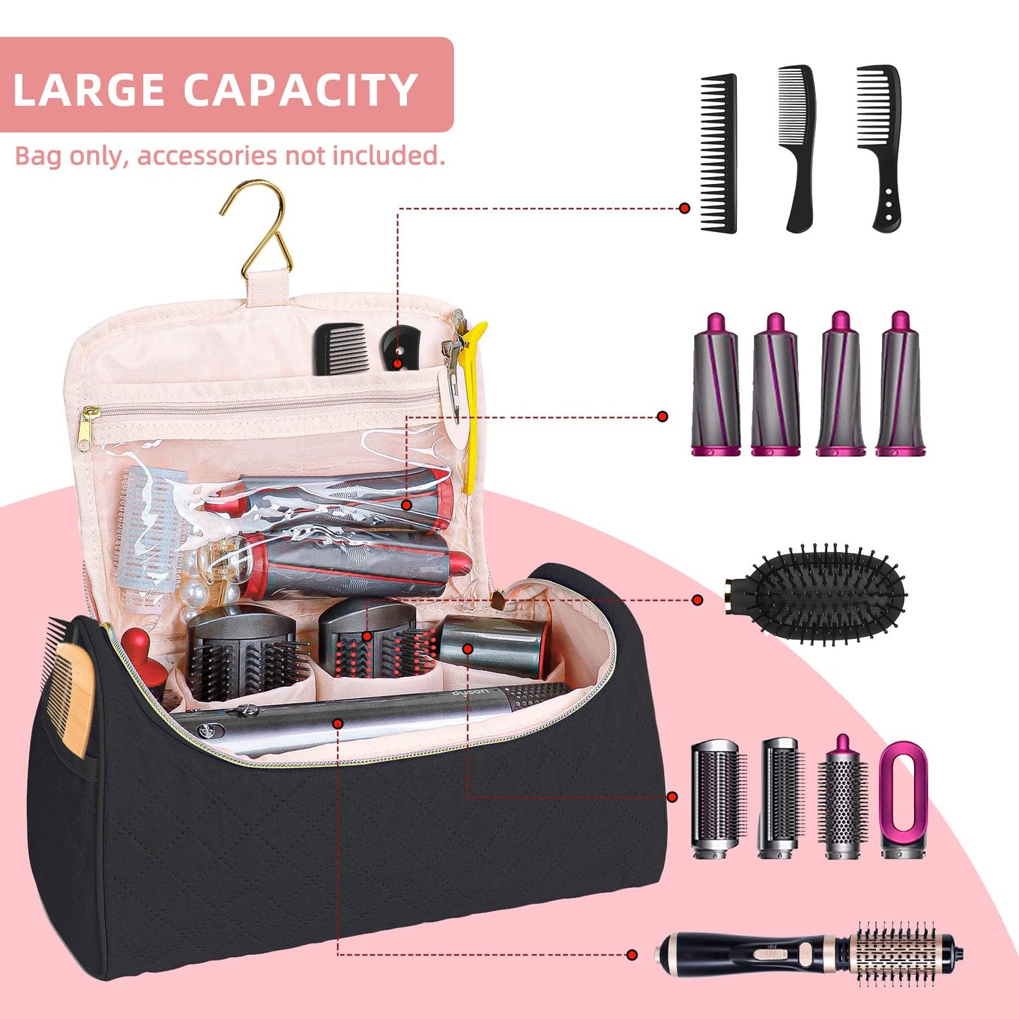 ALSLEA Portable Travel Case for Airwrap & Shark FlexStyle Large Capacity Organizer Bag for Hair Dryer, Airwrap Styler & Attachments, Waterproof Padded Storage Bag with Hanging Hook (Black)