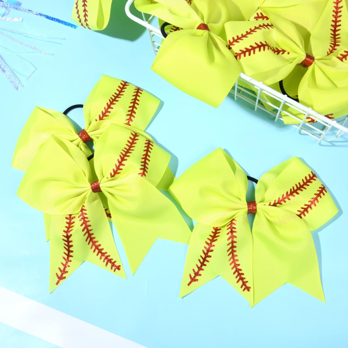 DEEKA 12 PCS Softball Cheer Bows with 2 Glitter Stitching Cheerleader Team Bows Elastic Band for Softball Sports Girls (Neon Yellow+Red Stitching)