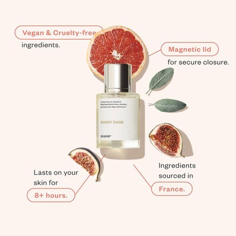 Dossier - Woody Sage - Eau de Parfum - Inspired by J.Malone's Wood Sage & Sea Salt - Perfume Luxury - Pure Infused - Paraben-Free - Vegan - For Women Men Unisex - Fragrance 1.7 Fl oz (Spray 50ml)