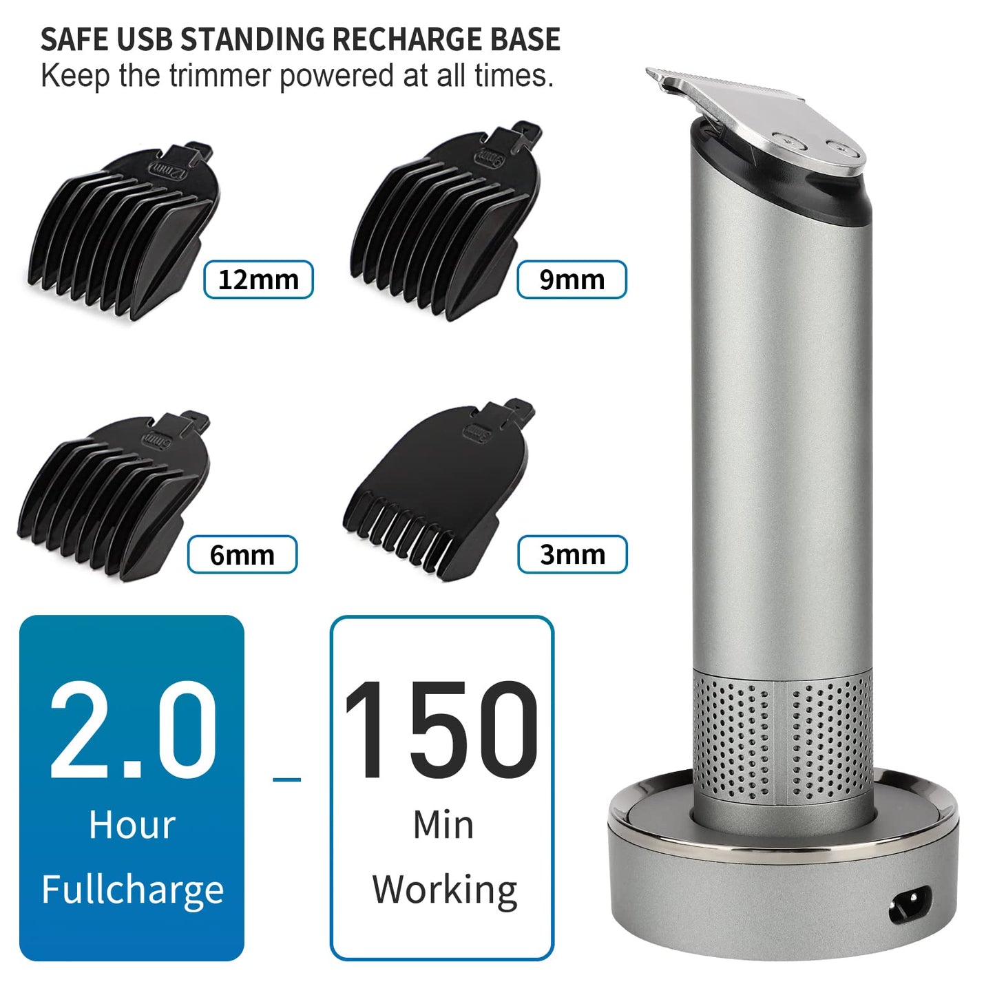 PRITECH Beard Trimmer for Men - Rechargeable Men's Electric Trimmer & Razor, Cordless Body Groomer for Face, Neck, Groin & Manscaping, Includes Standing Charging Dock, Ideal Gift for Men, Gray