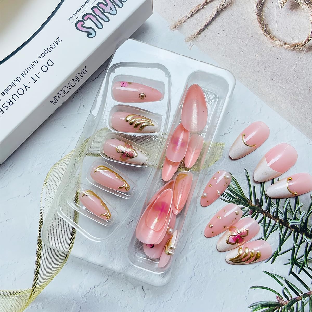 Almond Press on Nails Medium Pink Fake Nails Kit 3D Flower Gold Chrome Designs Glossy Fale Nails Acrylic Press Ons White French Tip Glue on Nails Full Cover Stick on Nails for Women Girls 24Pcs