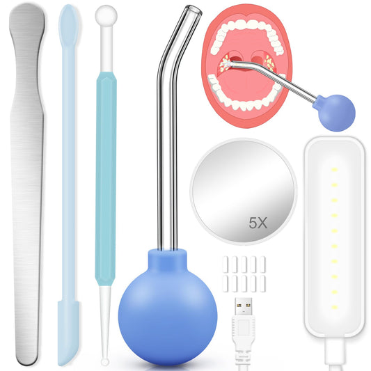 Tonsil Stone Vacuum, 9 Pcs Tonsil Stone Remover, Tonsil Stone Removal kit Vacuum Suction, Tonsil Stone Cupping Tool, Tonsil Stone Removal Tool with Oral Light, 5X Magnifying Mirror, Tongue Depressor