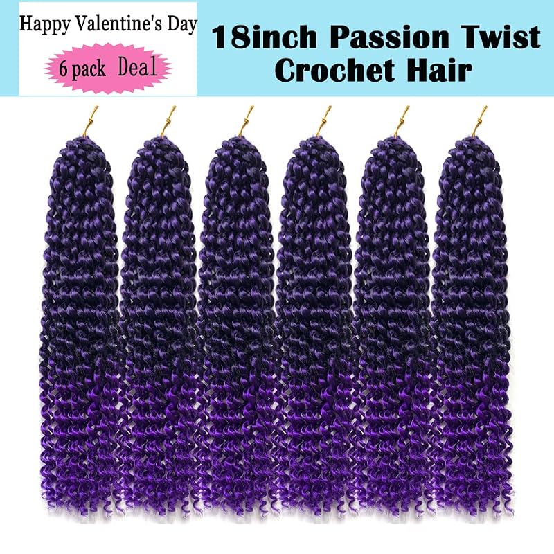 Passion Twist Crochet Hair 18in - 6 Pack Ombre Purple Water Wave for Butterfly Locs T1B/Purple