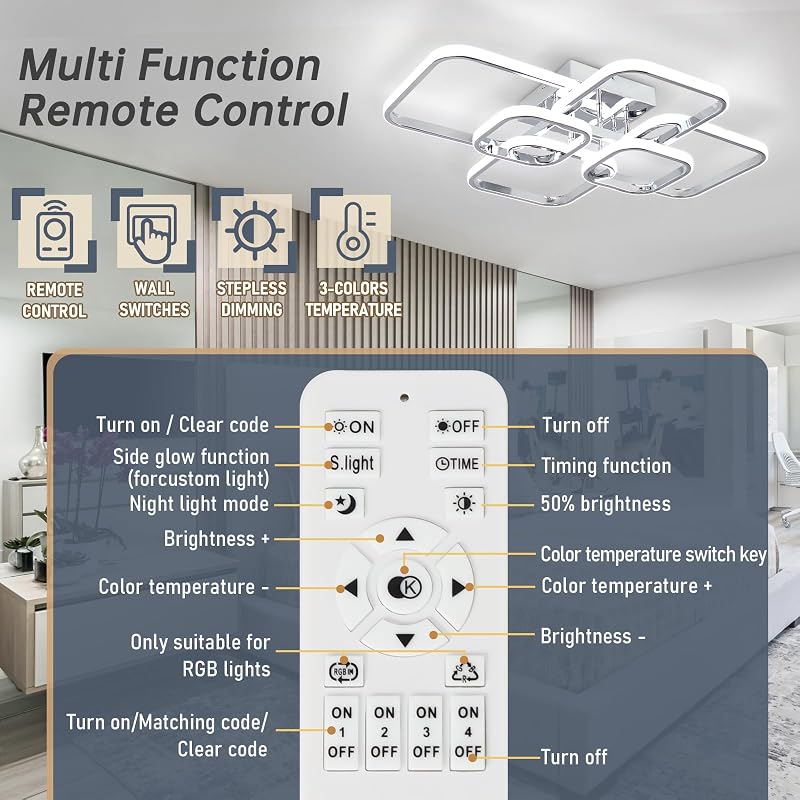 Sovinzert 31.5-Inch Modern LED Ceiling Light, 6-Square Dimmable with Remote, 3000K-6000K, Chrome Close-To-Ceiling Flush Mount, 60W - Chrome+6Rings