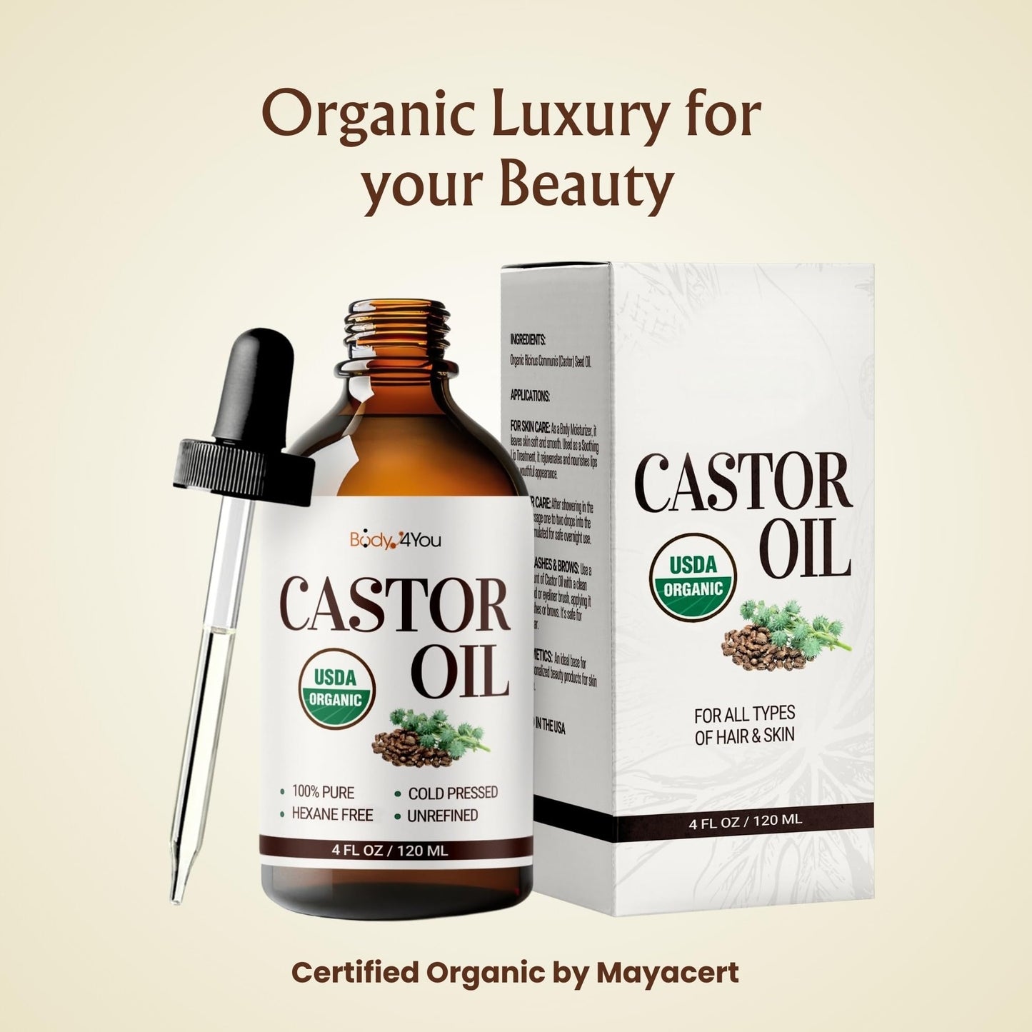 Organic Castor Oil (4oz) - 100% Pure Natural Cold-Pressed Hexane-Free USDA Certified - Glass Bottle - Hair Growth Oil for Scalp Eyelashes Face Skin - Dry Skin Moisturizer Natural Hair Care
