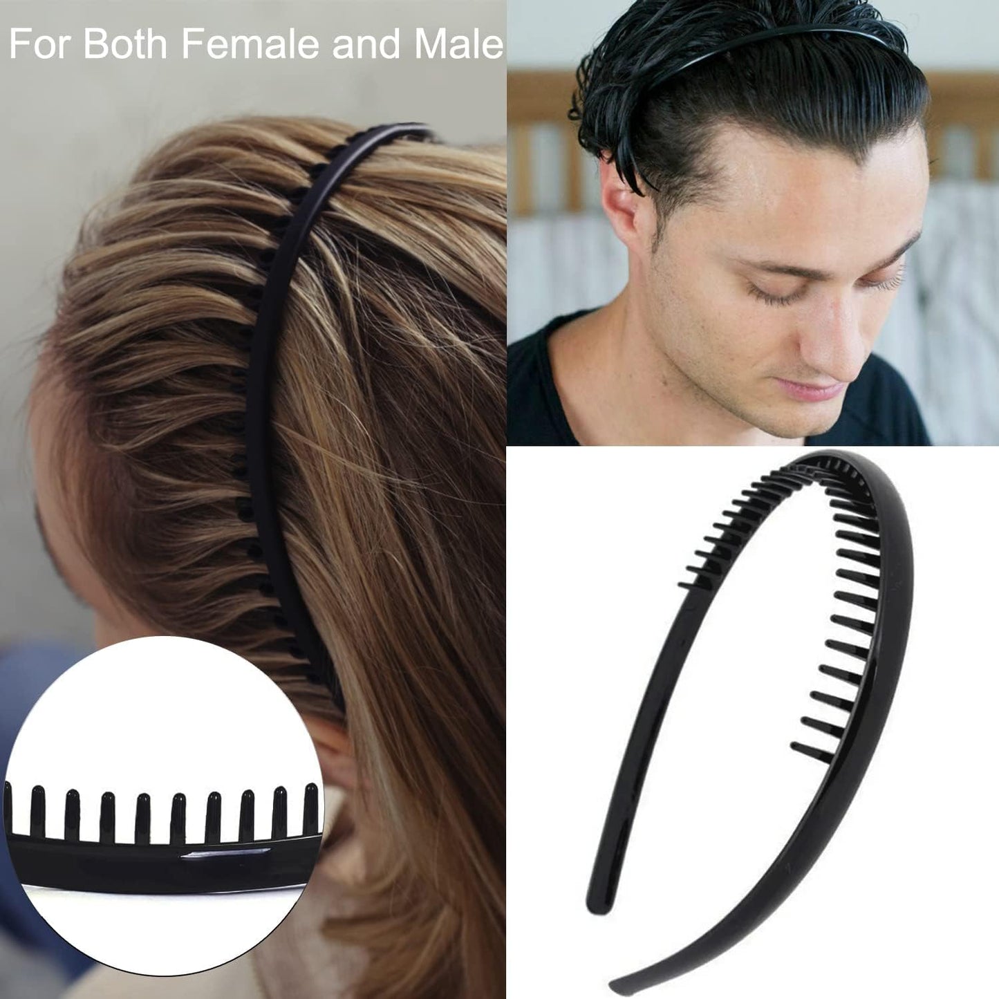 ULTIMUTE 8 PCS Fashion No Slip Effortless Plastic Headbands with Teeth Comb Black Skinny Hair Accessories Bands for Women Men Teen Girls, Matte Black