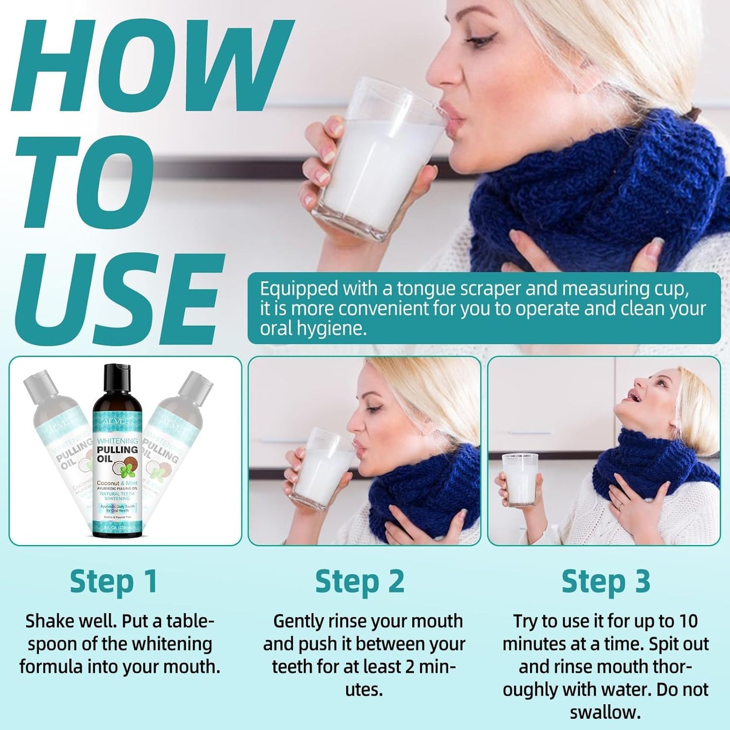 Coconut Oil Pulling for Fresh Breath and Oral Hygiene - Ayurvedic Expert Formulated | Supports Healthy Gums | Natural - Includes Tongue Scraper and Measuring Cup - 16 oz