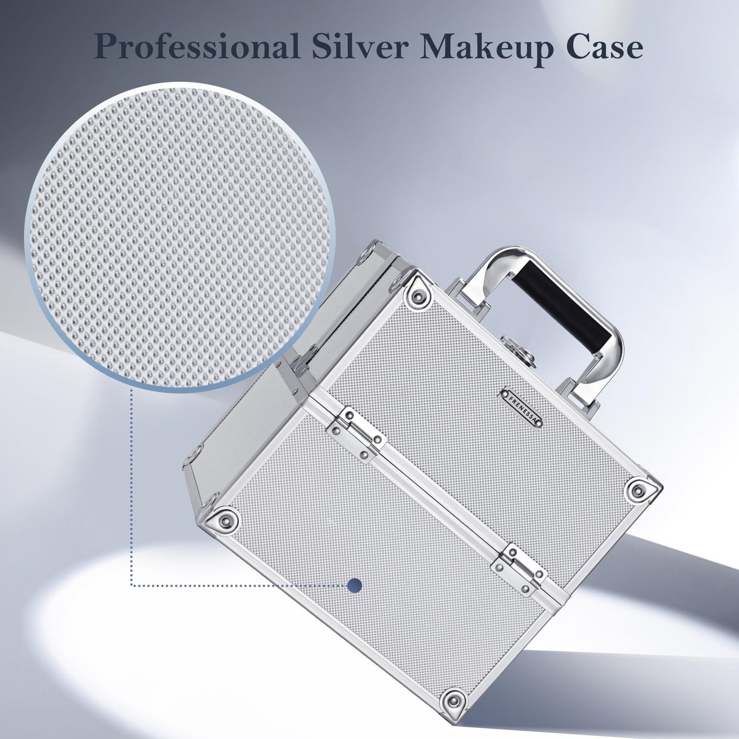 FRENESSA Makeup Train Case Makeup Organizer Box Portable Cosmetic Travel Case with Lock 4 Trays Aluminum Hard Vanity Box Make Up Artist Nail Beauty Storage Organizer Cosmetic Suitcase Bright Silver