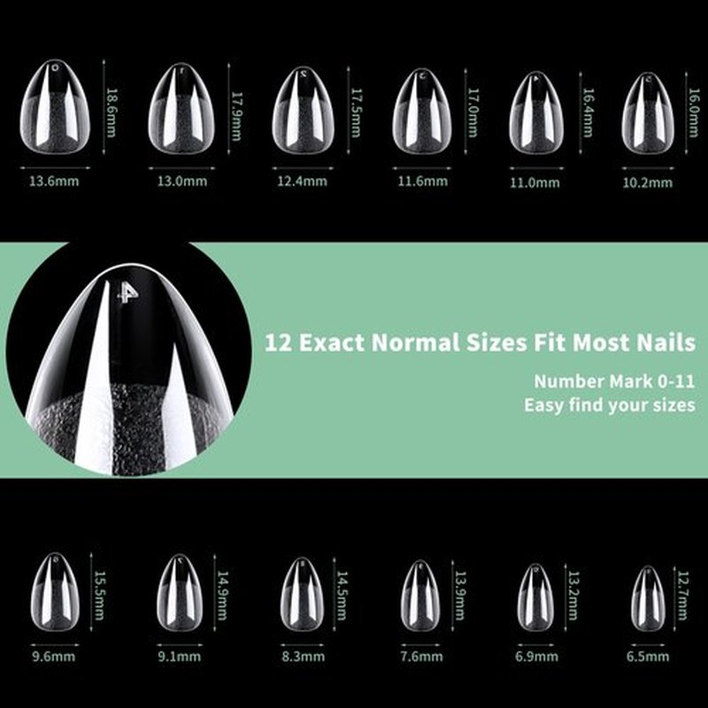 Extra Short Almond Nail Tips, 216pcs Acrylic Fake Nails Soft Gel X Nail Tips, Full Cover Pre-Shaped Matte Clear Press on Nails for Extension, Diy at Home Manicure 12 Sizes