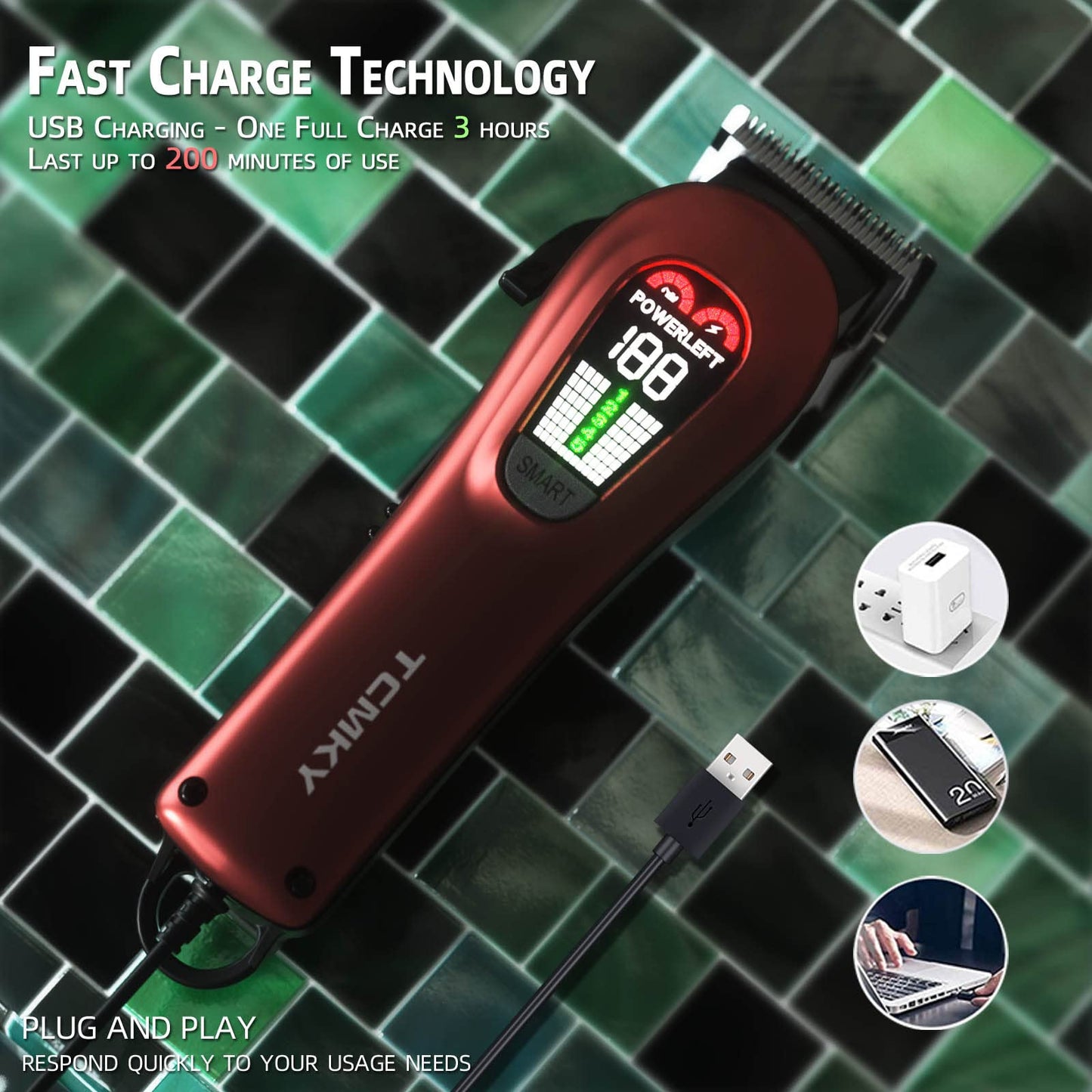 TCMKY Hair Clippers for Men Professional Clippers for Men Cordless&Corded Barber Clippers for Hair Cutting & Grooming. Rechargeable Hair Trimmer Kit for Household (Red)
