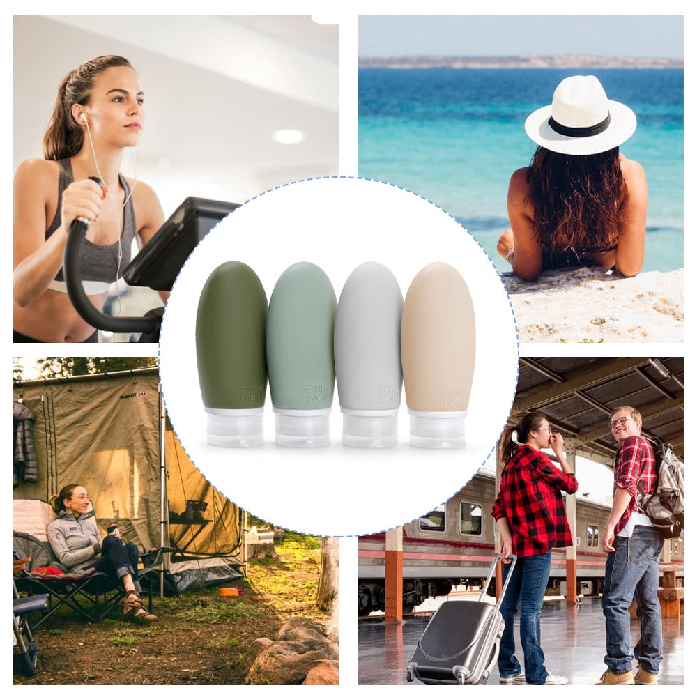 3.4 oz Silicone Travel Bottles for Toiletries, 4 Pack TSA Approved BPA Free Containers Set Leak Proof Refillable Squeezable Travel Accessories for Shampoo Conditioner Lotion Gray white blue green
