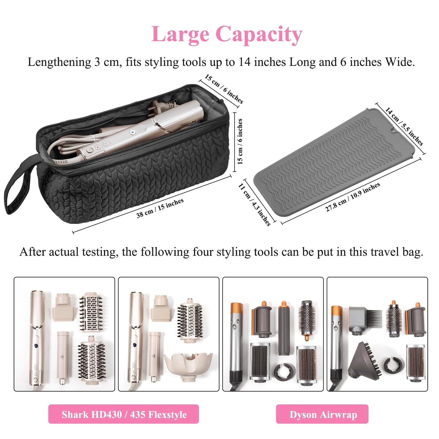 Hair Tools Travel Bag Case, Hair Accessories Organizer with Heat Resistant Mat, Flat Iron Curling Iron Travel Case for Shark Flex Style, Silicone Heat Mat for Hair Tools, Hot Tools Travel Bag (Black)