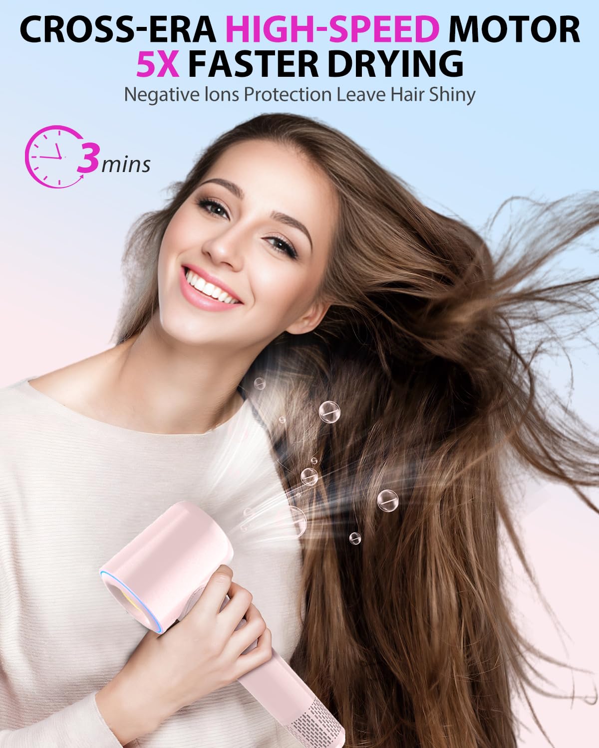Hair Dryer,180000 RPM High-Speed Hair Blow Dryer with Brushless Motor, 500 Millions Negative Ionic Hair Dryer for Fast Drying, Quiet Thermo-Control Travel Hair dryers for Women Home Salon (Pink)
