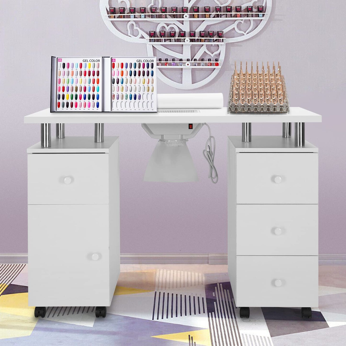 OmySalon Manicure Table Nail Desk for Nail Tech, Nail Table Beauty Salon Station w/Electric Dust Collector Acetone Resistant w/Lockable Wheel,Arm Rest