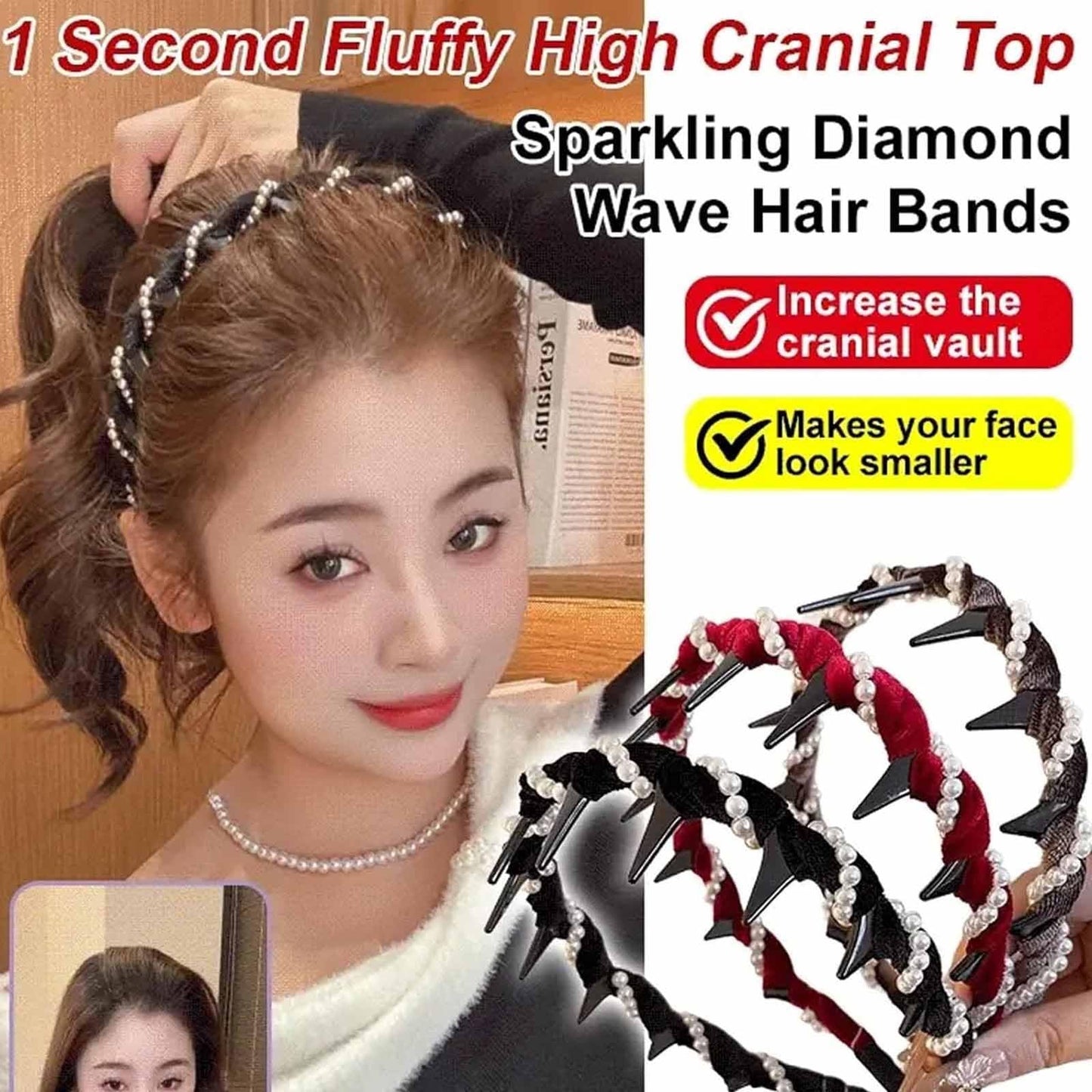 Vintage High Cranium Artificial Pearl Hairband, Bridal Hair Hoops Rhinestones Hair Accessories, Hairs Bands with Teeth Hoop, Fashion Wide Beaded Bling Head Band, Knotted Headband for Women Girls(Red)