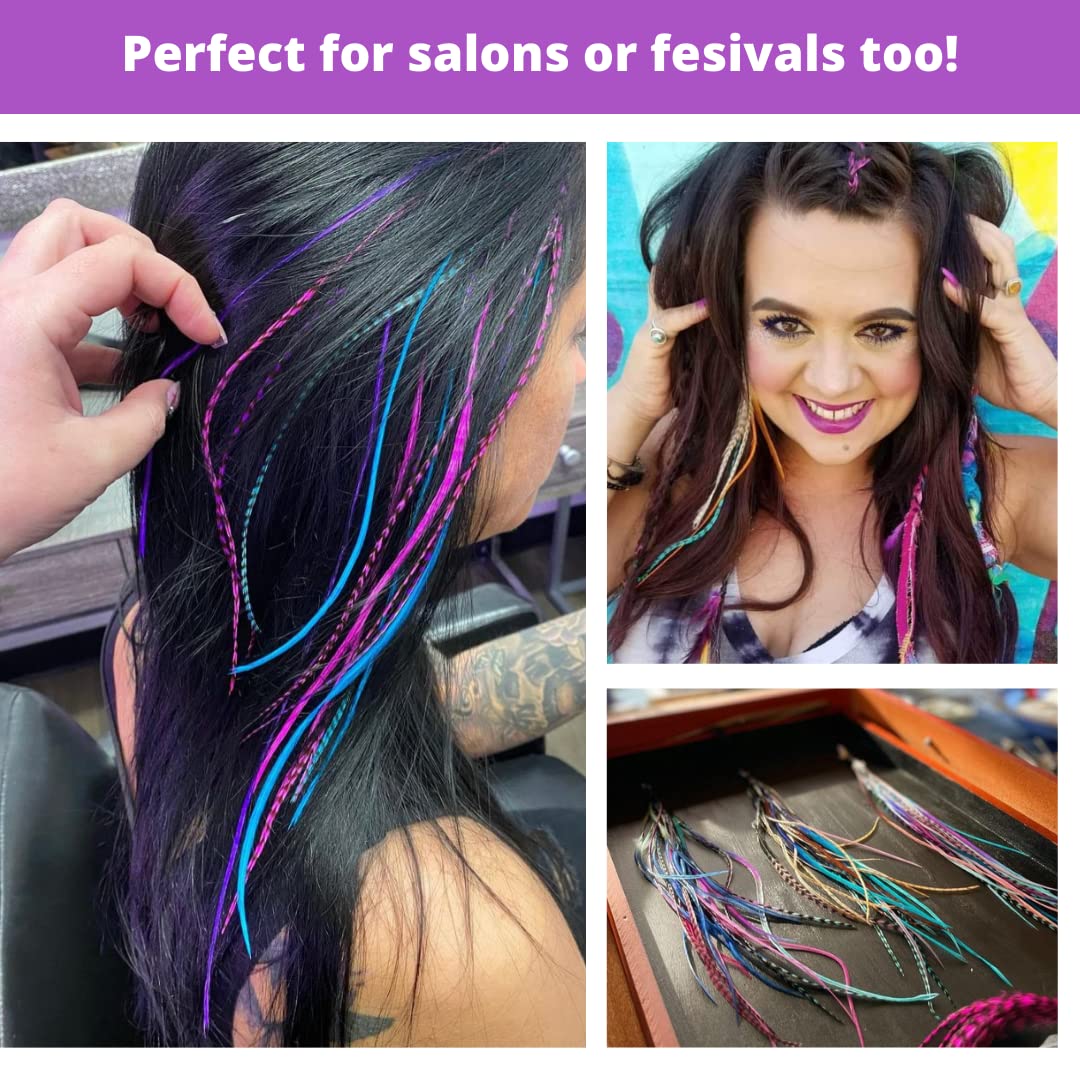 Hair Feathers in Rainbow Tie Dye Bright Colors, 20 Long Feathers with beads and loop tool DIY kit, Grizzly Rooster Feather Hair Extensions