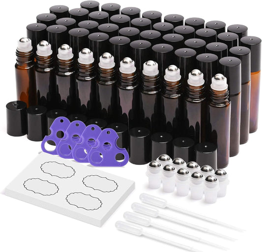 ULG Essential Oil Roller Bottles 48 Pack 10 ml Amber Glass Empty Bottles with Stainless Steel Roller Balls (10 extra balls, 4 Openers, 4 Droppers, 48 Waterproof Labels)