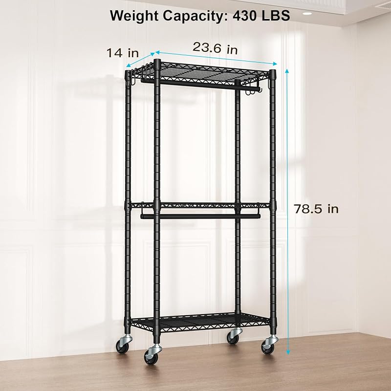 FUTASSI P3 Mini Heavy-Duty Rolling Clothes Rack – 3-Tier Adjustable Garment Rods, 430 lb Capacity, Black