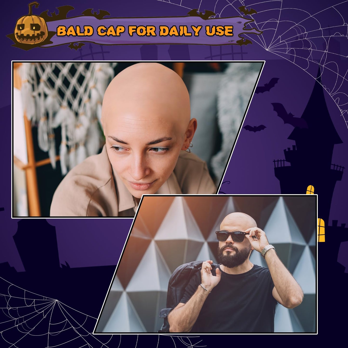 Wavwavw 2 Pcs Halloween Bald Cap Nylon Wig Caps Makeup Latex Head Caps for Women Men for Halloween Party Cosplay Theater(Wrinkle Skin,L)