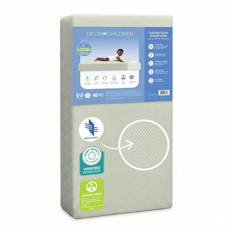 Twinkle Stars Breathable Crib & Toddler Mattress - GREENGUARD Gold, 52 x 27.5 x 5 in, Removable Washable Cover (Green+Twinkle Breathable)
