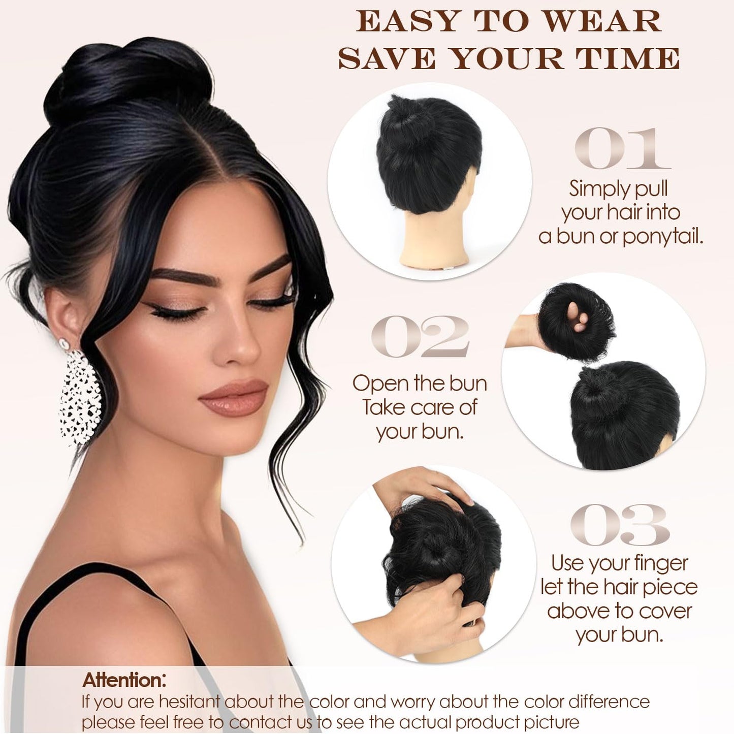 Fullart Messy Bun Hair Piece Human Hair #1 Jet Black 2 Count Wavy Tousled Smooth Stretchy Fluffy Donut Updo Elastic Rubber Band Human Hair Bun Extension Chignons Scrunchies