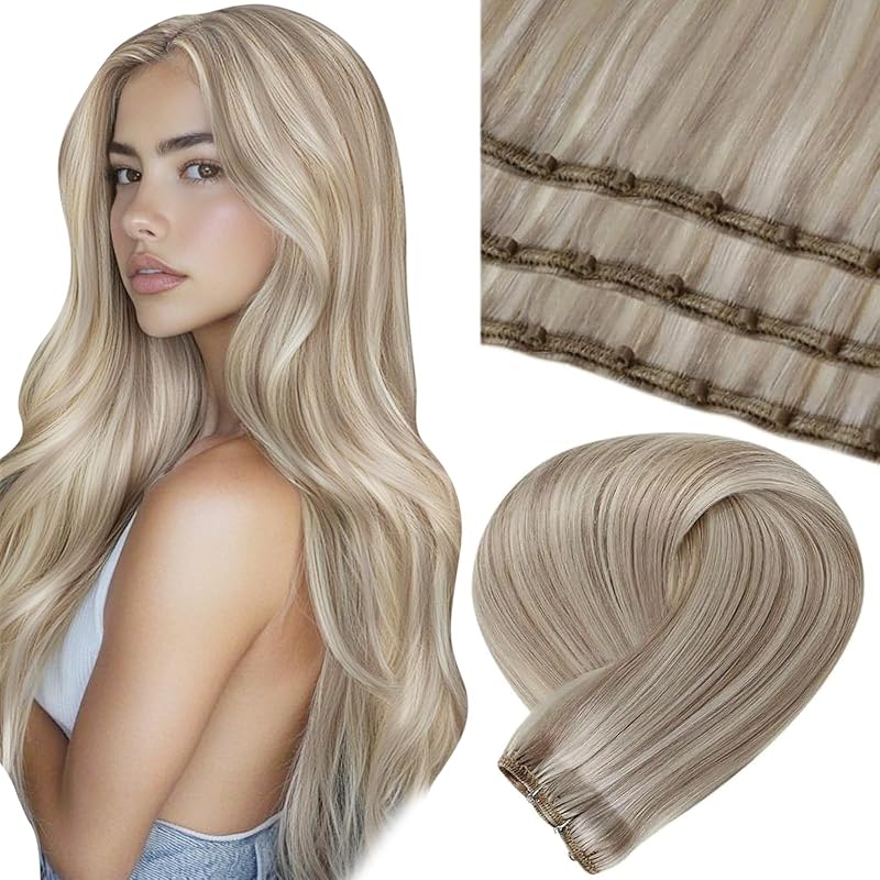 LaaVoo Beaded Weft Hair Extensions - Real Human Hair, 22in, 50g, Light Ash Blonde 613