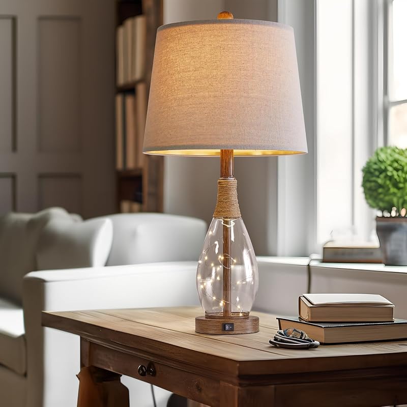 2 in 1 Bedside Table Lamps Set of 2 — Farmhouse Glass Lamp with Wood-Like Base, USB-A/C, Teardrop Glass
