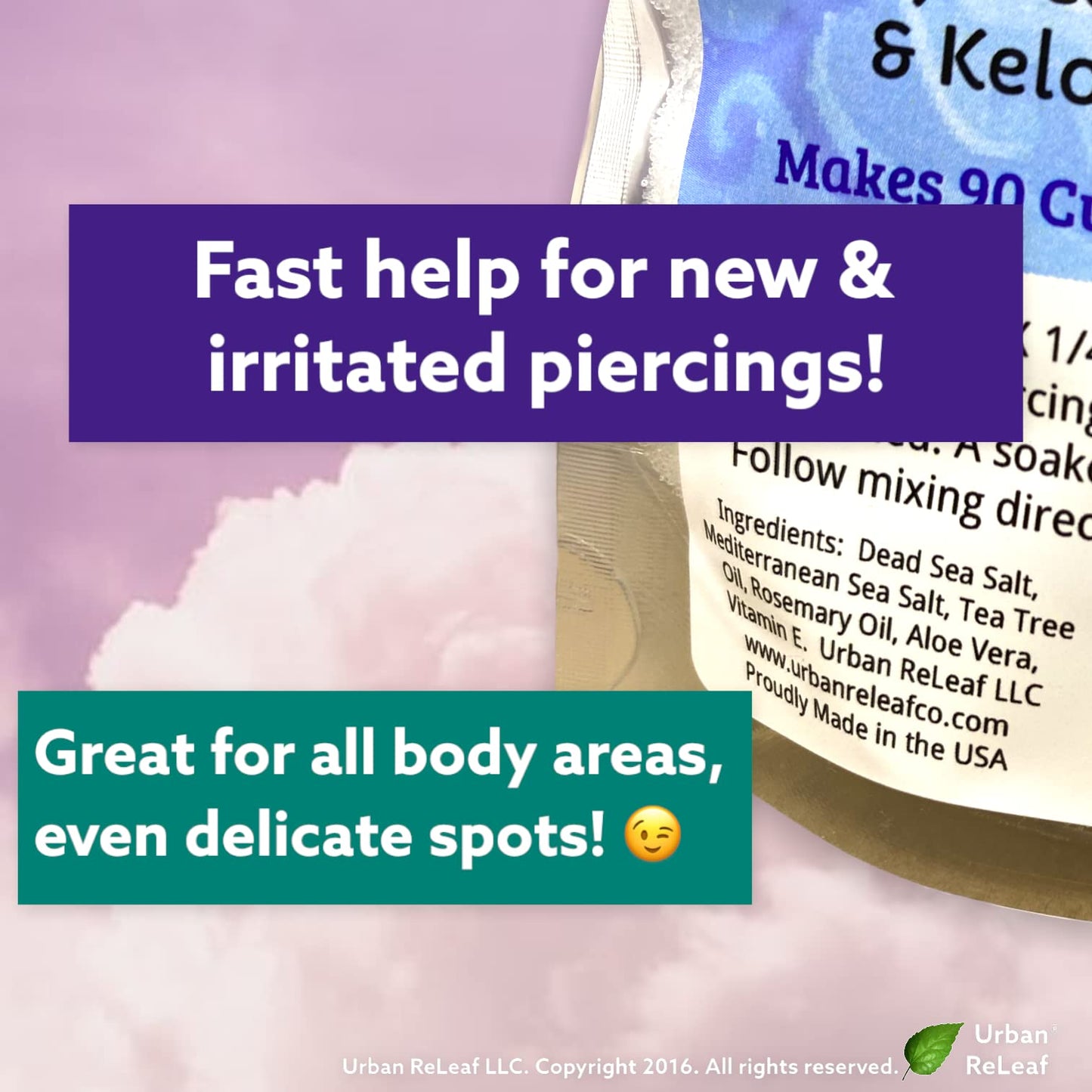 Urban ReLeaf Piercing Relief Sea Salt Concentrate AFTERCARE 6 oz. Bag! Makes 90 Cups! Safely Clean, Soothe, Gently Calm Irritated & Keloid Bump Piercings. Dead Sea Salt, Tea Tree, Rosemary