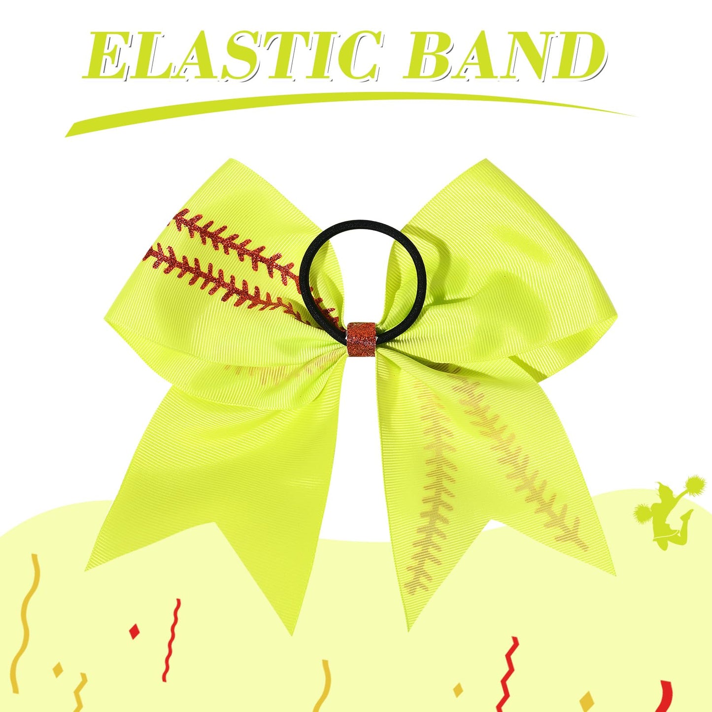 DEEKA 12 PCS Softball Cheer Bows with 2 Glitter Stitching Cheerleader Team Bows Elastic Band for Softball Sports Girls (Neon Yellow+Red Stitching)