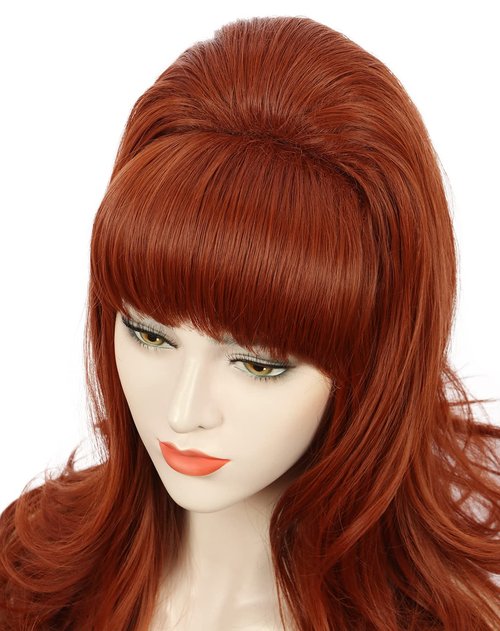 karlery Adult Women Long Wavy Ginger Auburn Wig Big Red Costume Wig Bouffant Beehive Wig 60s 70s Themed Party Wig