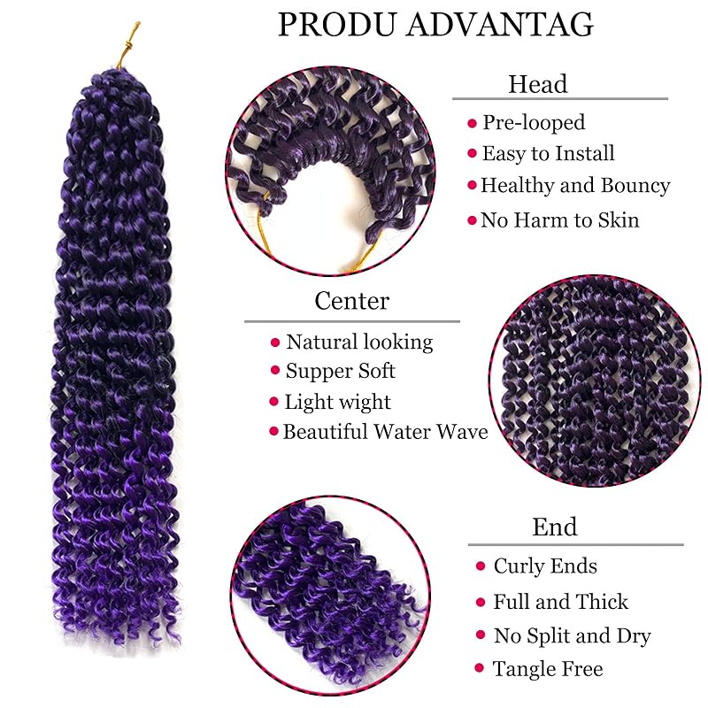 Passion Twist Crochet Hair 18in - 6 Pack Ombre Purple Water Wave for Butterfly Locs T1B/Purple