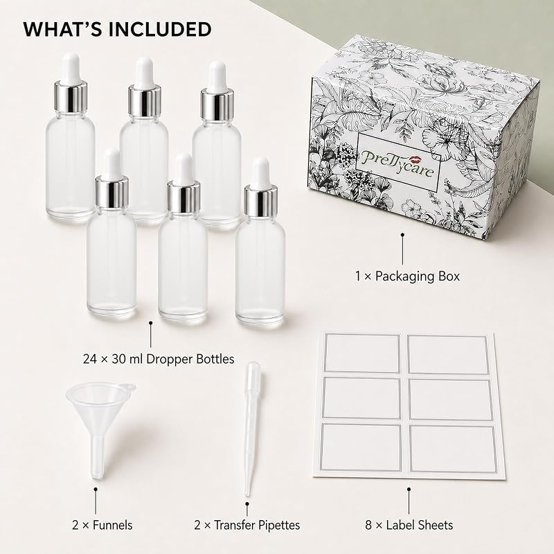 PrettyCare 24 Pack 1oz (30ml) Frosted Glass Eye Dropper Bottles with Leakproof Silver Caps, Labels & Funnels