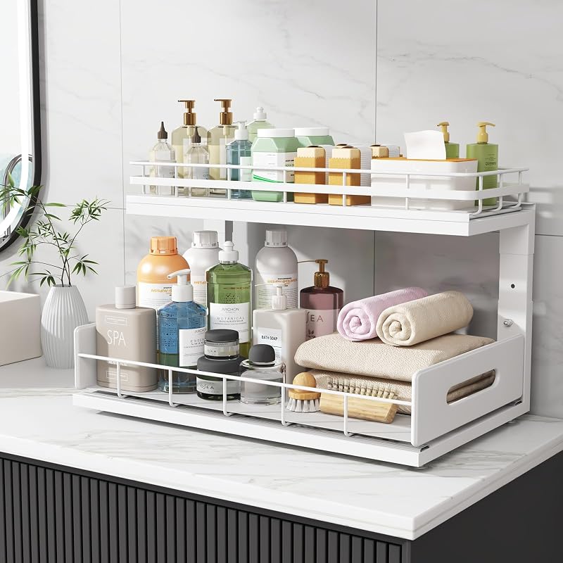 Under-Sink 2-Tier Pull-Out Organizer with Height-Adjustable Rails - 18.5x12.8x16.9 in (White) - 2 Pack
