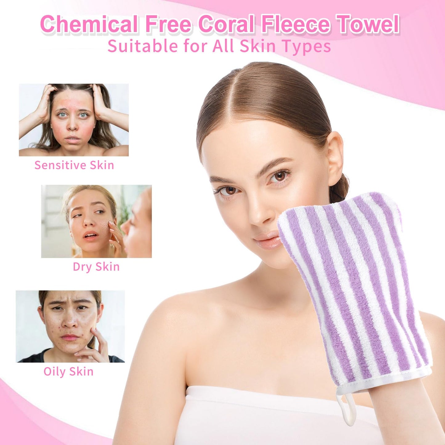 6 Striped Bath Mitts Washcloths, PHOGARY Small Hand Towels with Hanging Loop, 5"x8" Super Absorbent Soft Coral Fleece Face Towels Kid Teen Adult Body Facial Cloths Machine Washable Cloth for Showering