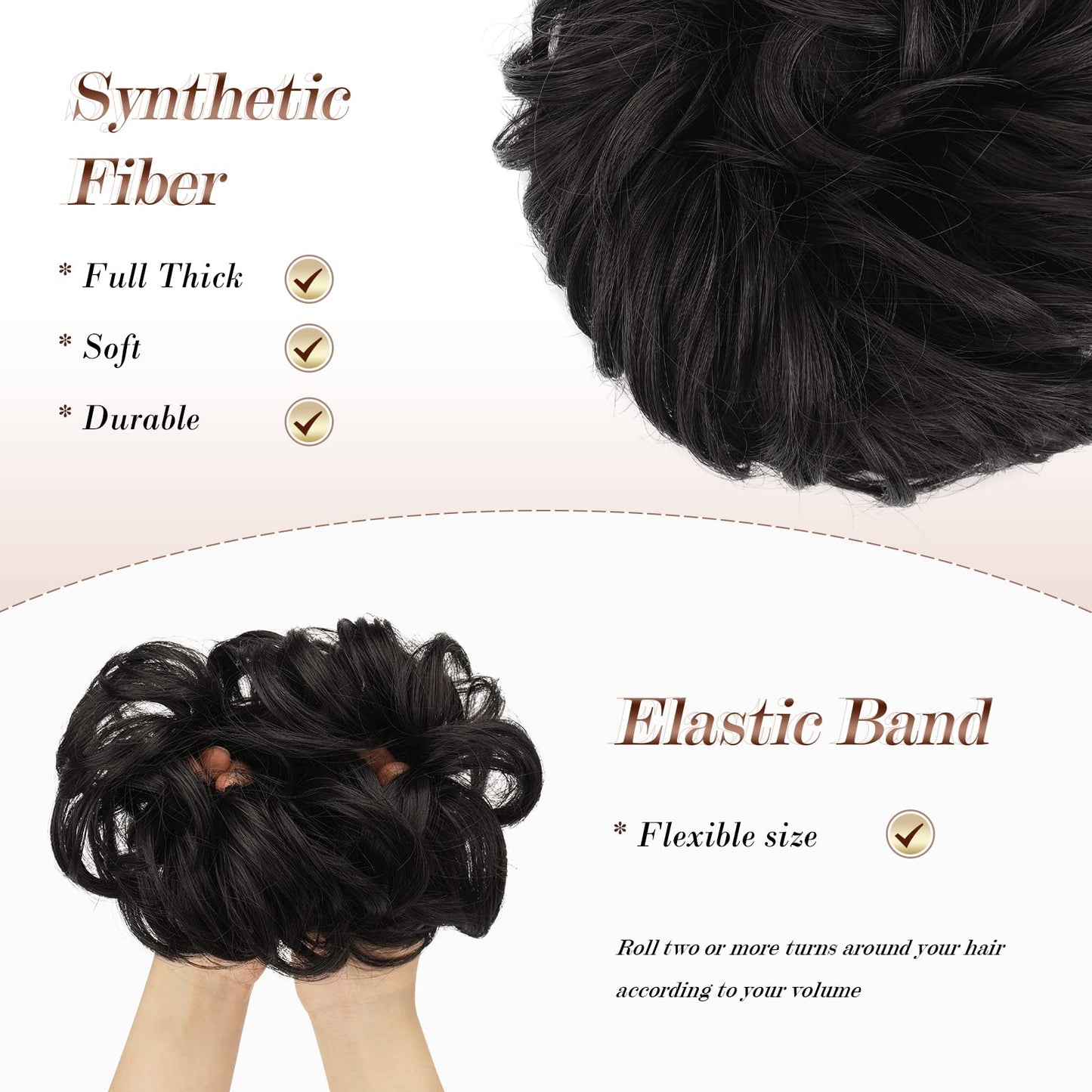 FESHFEN Messy Bun Hair Piece - Elastic Wavy Curly Hair Bun Scrunchies Extensions Synthetic Chignon Hairpieces for Women Girls, Black Brown 1 PCS