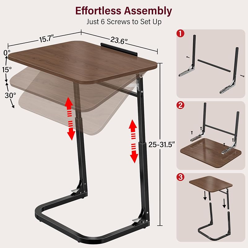Walnut Wood Laptop Tray Table with Adjustable Height & Tilt, Foldable End Sofa Desk—Variation Walnut Wood+Flat