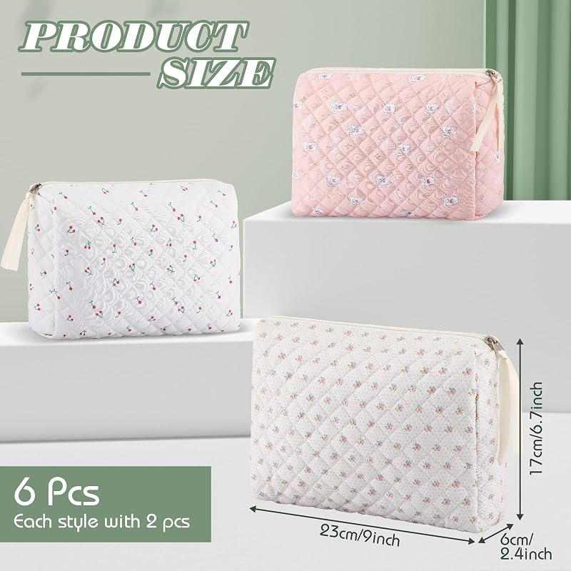 6 Pcs Quilted Makeup Bags Set - Cotton Floral Cosmetic Organizers for Travel