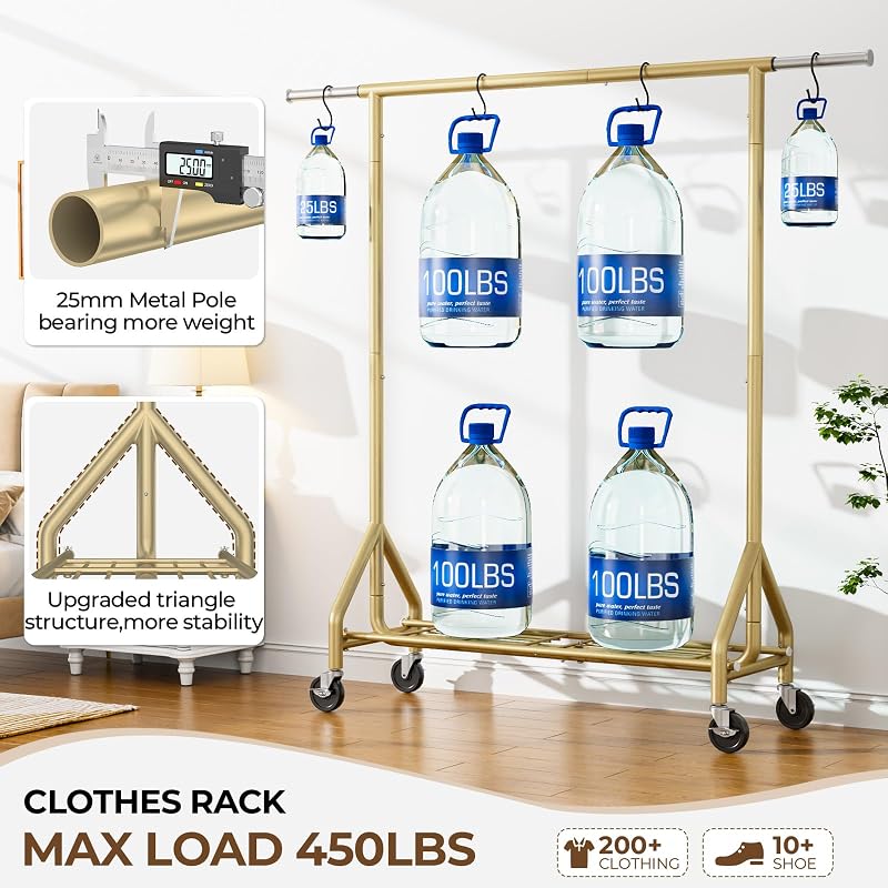HYSEYY Gold Heavy-Duty Rolling Clothes Rack 450 LBS - 68.5in Wide, Wheel Locks