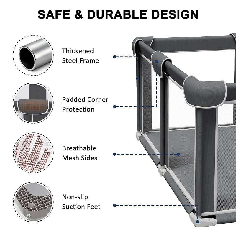 Foldable Baby Playpen 50x50in with Mesh Walls, Portable Play Yard & Foldable Mat - Grey (G TALECO GEAR)