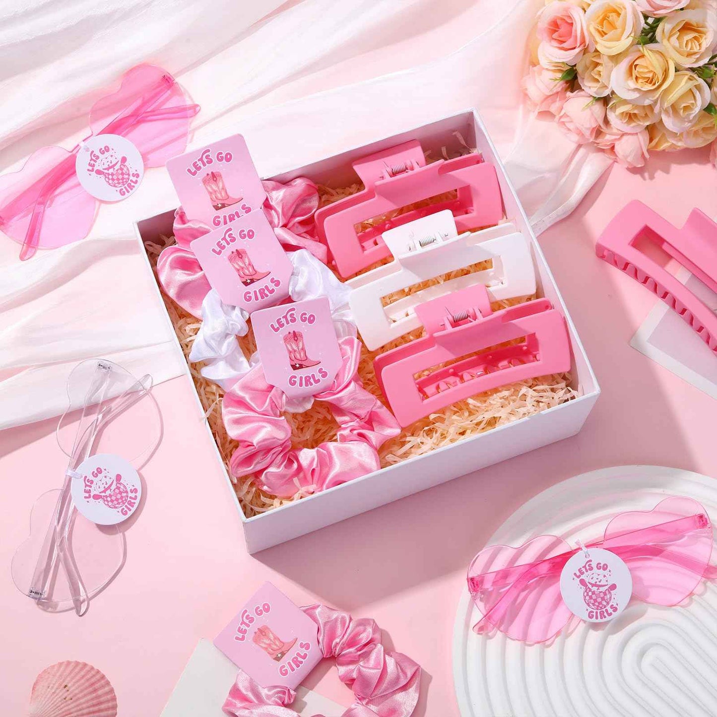 Hoteam 24 Pcs Let's Go Girls Cowgirl Bachelorette Party Favors Decorations Include Satin Scrunchies Heart Sunglasses Hair Claw Clips for Wedding Bridal Shower Party(Pink)