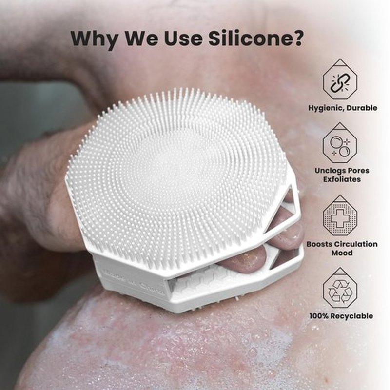 iTokGoK® Premium Silver-Infused Double-Sided Design 2-in-1 Silicone Body Scrubber for Men,Body Buffer Scrubber for Sensitive Skin, Ergonomic No-Slip Handle, Long-Lasting & Easy to Clean - White