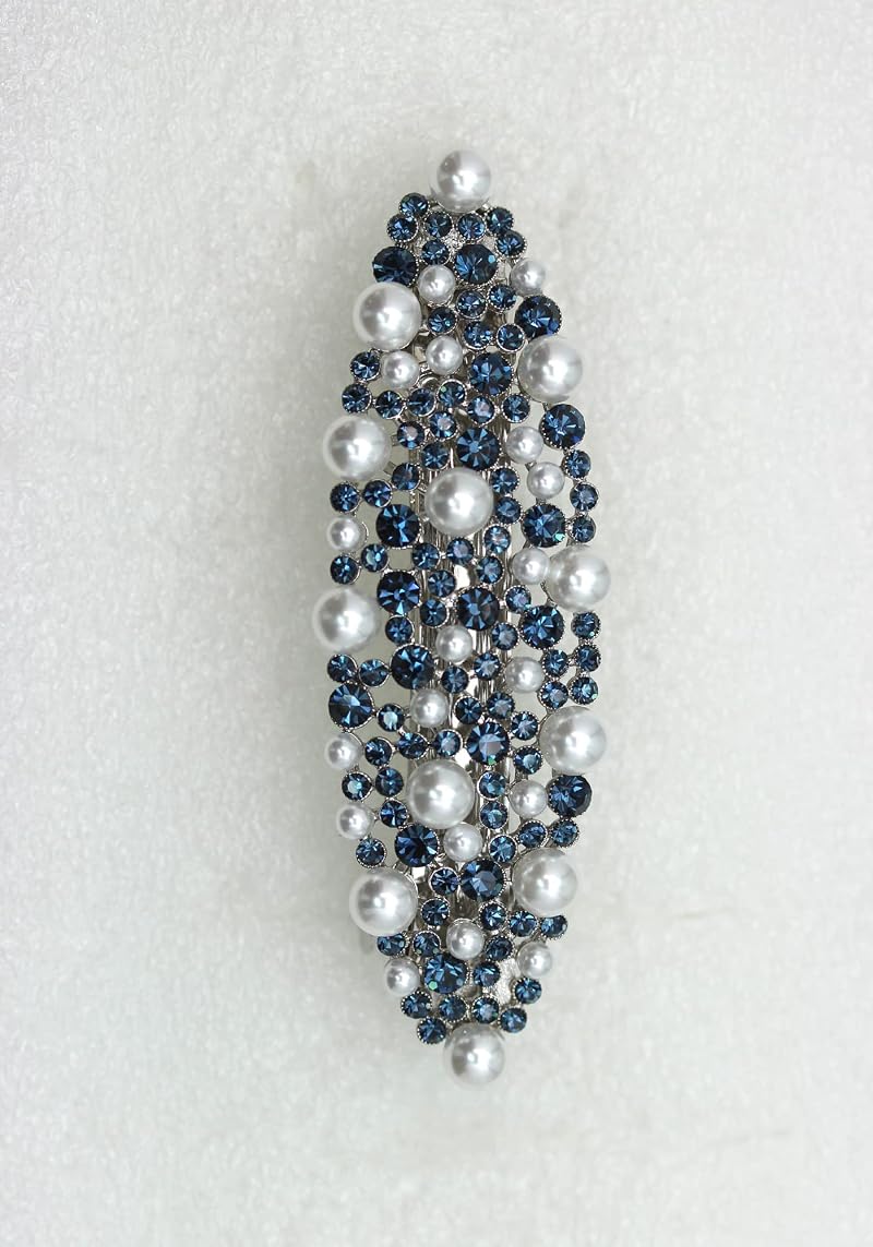 Faship Navy Blue Rhinestone Pearl Floral Barrette - Bridal Hair Clip, 3.75"