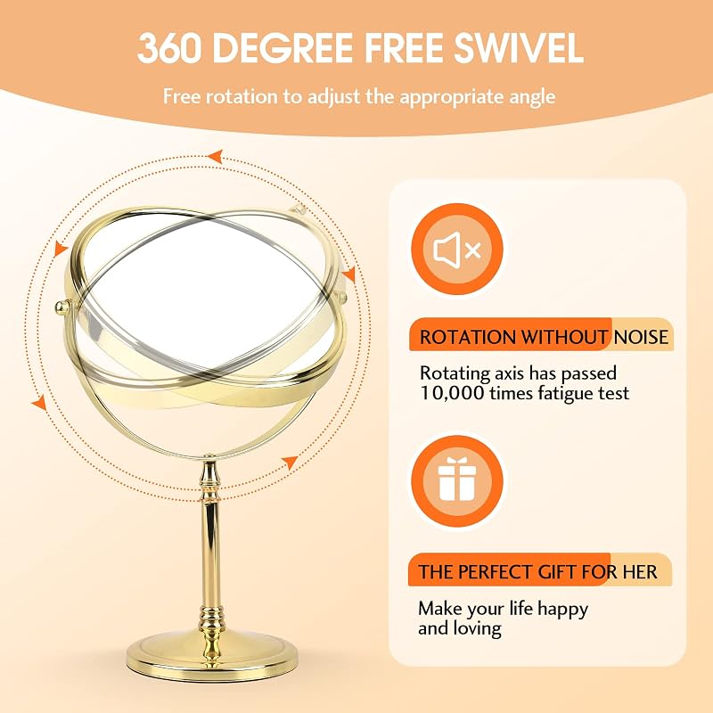 Ohotecy 8" Dual-Sided Tabletop Makeup Mirror with 10x Magnification - Chrome Finish, Variation: Gold