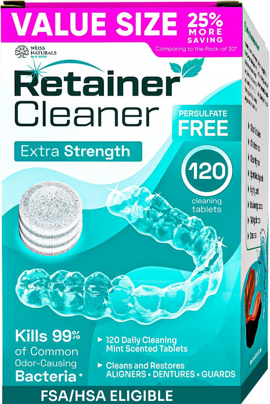 Retainer Cleaner Tablets for Invisalign & Dentures - PERSULFATE FREE, 60 Mint Scented Tablets, 2-Month Supply