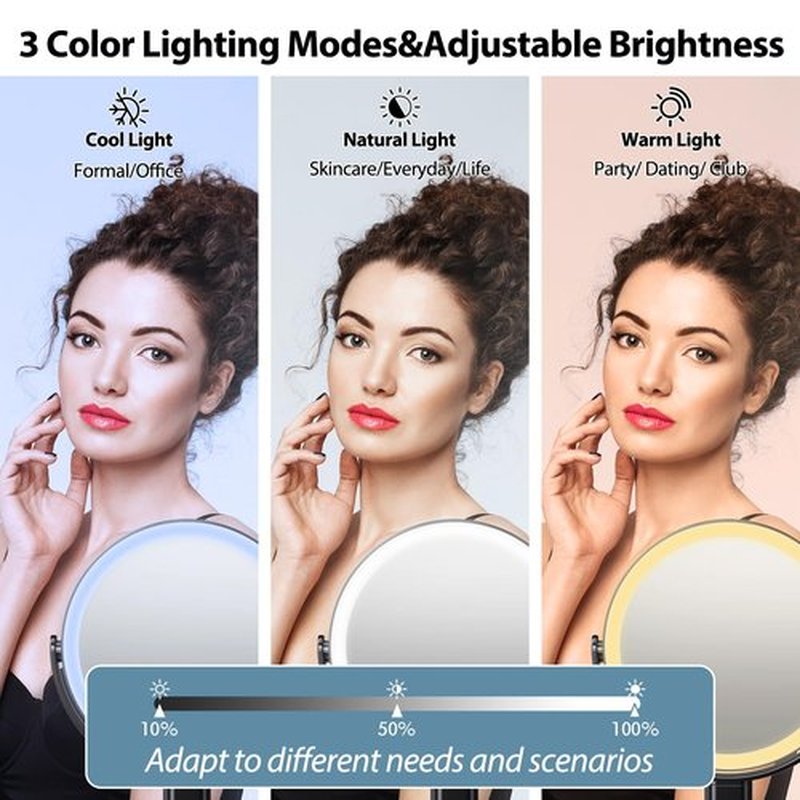 8" Lighted Makeup Mirror with Magnification, 1X/10X Magnifying Mirror with Light, Rechargeable Double Sided LED Vanity Mirror, 360° Rotation Light up Mirror 3 Colors Brightness Adjustable, Black