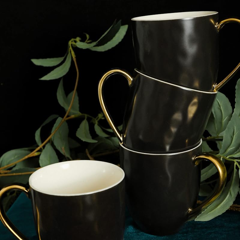 Stone Lain Florian Black & Gold 16-Piece Porcelain Dinnerware Set for 4 - Includes Plates, Bowls & Mugs