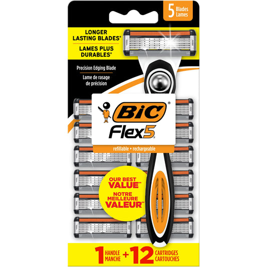 BIC Flex 5 Refillable Men's 5 Blade Razors, Holiday Grooming for a Smooth Shave, 1 Handle and 12 Cartridges-Pack, Stocking Stuffers
